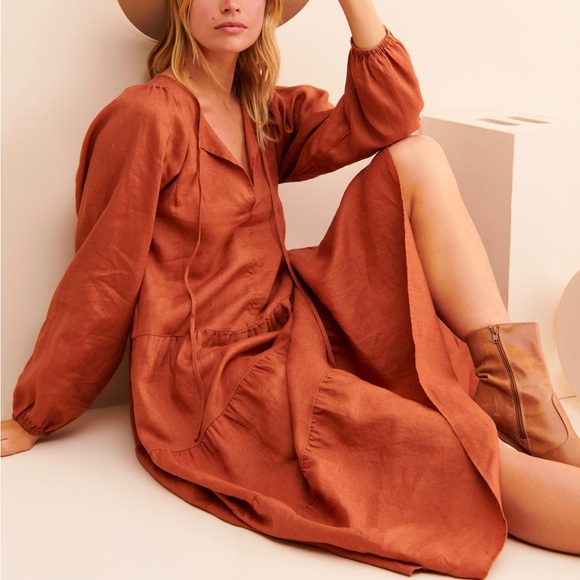 Little Lies Alicia Midi Dress 100% Linen Pockets L Tiered Skirt Anthropologie - Picture 2 of 16